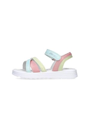 Sandali multicolori con cinturini sintetici di colore verde chiaro, rosa e blu. Suola flessibile bianca con un motivo testurizzato.