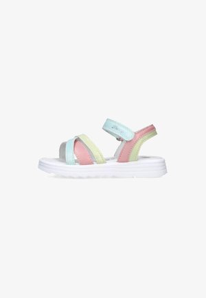 Sandali multicolori con cinturini sintetici di colore verde chiaro, rosa e blu. Suola flessibile bianca con un motivo testurizzato.