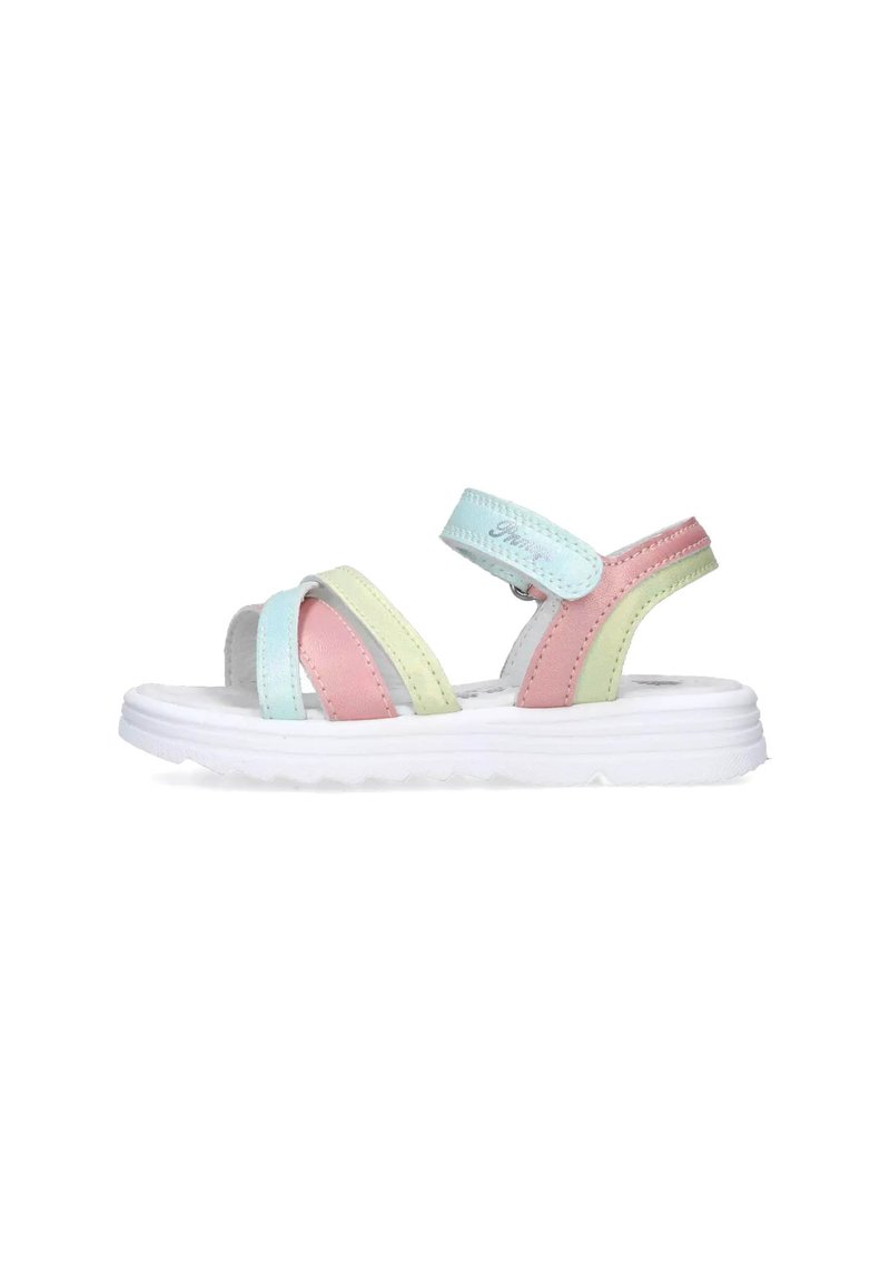 Sandali multicolori con cinturini sintetici di colore verde chiaro, rosa e blu. Suola flessibile bianca con un motivo testurizzato.