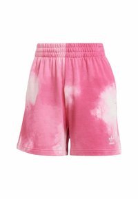 Shorts rosa tie-dye realizzati in morbido tessuto. Presentano una vita elasticizzata e il logo Adidas nell'angolo in basso a destra.
