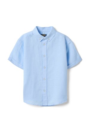 Hellblaues kurzärmeliges Hemd mit Knopfleiste und Button-Down-Kragen sowie weißen Knöpfen, auf weißem Hintergrund dargestellt.