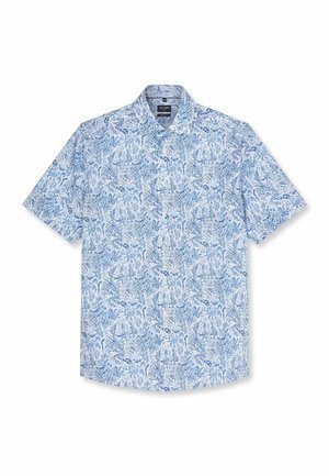 Camicia a maniche corte con bottoni, motivo paisley floreale blu e bianco e colletto classico.