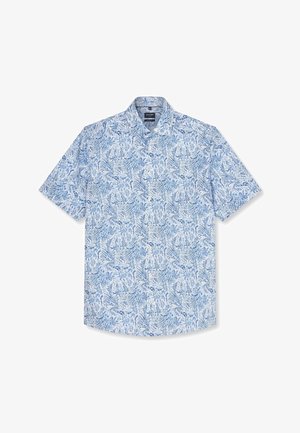 Kurzärmliges Hemd mit Knopfleiste, blau-weißem floralen Paisley-Muster und klassischem Kragen.