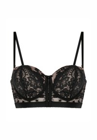 Μαύρο σουτιέν από δαντέλα με δομημένο σχέδιο cups, διαφανή πανέλα και ρυθμιζόμενους ιμάντες με λεπτομέρεια κλεισίματος μπροστά.