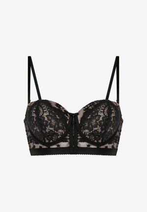 Čierna čipkovaná podprsenka so štruktúrovaným dizajnom košíkov, priesvitným sieťovaním a nastaviteľnými ramienkami s predným zapínaním.