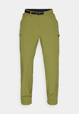 Gröna cargobyxor med en slät textur, med en elastisk midja, ett svart bälte, sidofickor och avsmalnande anklar.