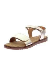 Sandales métalliques dorées avec deux brides ajustables, une semelle intérieure rembourrée et une semelle en caoutchouc flexible. Texture en cuir lisse, design décontracté.