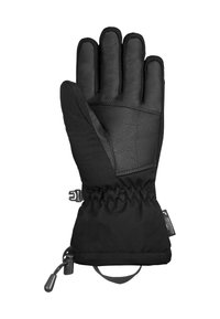 Black insulated winter glove with textured palm, elastic wrist, adjustable cord, and waterproof tag.