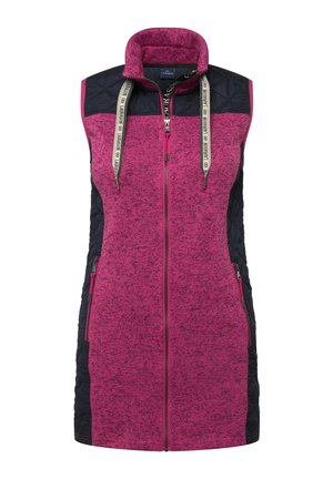 Ärmellose Weste aus pinkfarbenem, meliertem Stoff mit schwarzen, steppgepolsterten Seiten, hohem Kragen, durchgehendem Reißverschluss und kontrastierenden Kordeln. Verfügt über Seitentaschen.