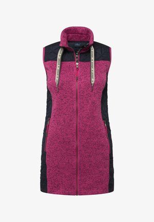 Ärmellose Weste aus pinkfarbenem, meliertem Stoff mit schwarzen, steppgepolsterten Seiten, hohem Kragen, durchgehendem Reißverschluss und kontrastierenden Kordeln. Verfügt über Seitentaschen.