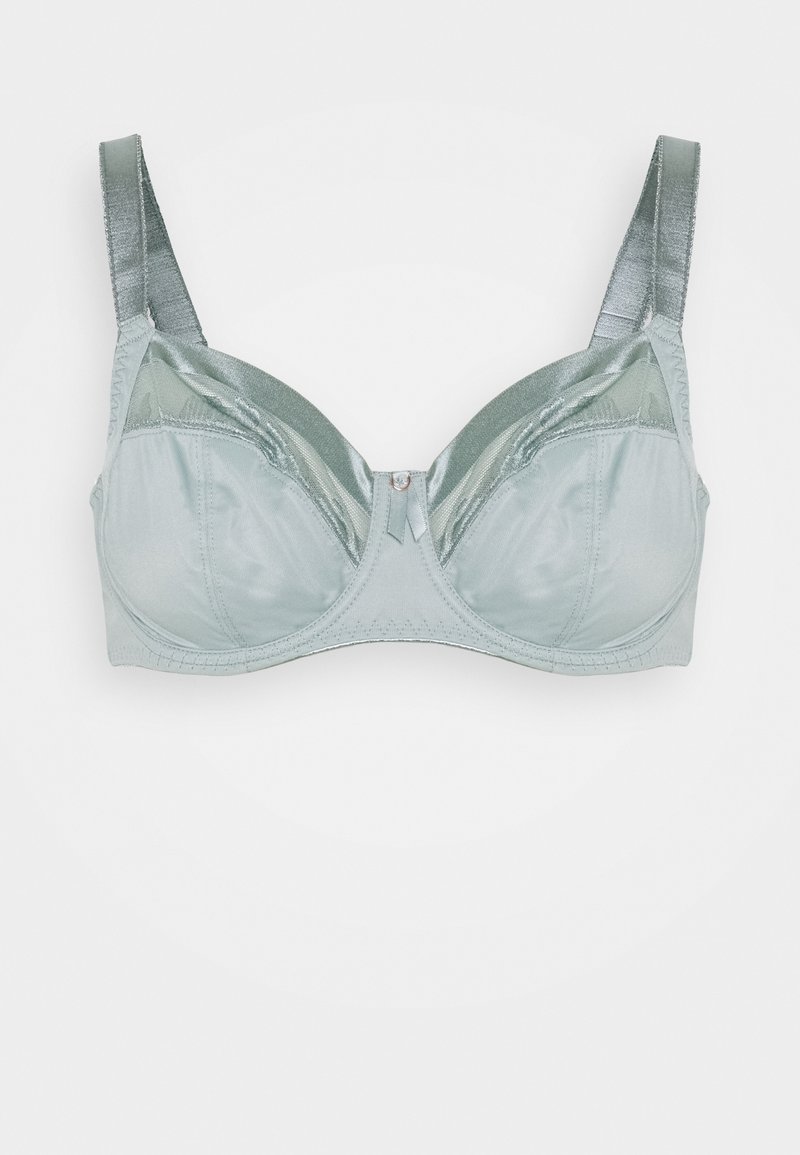 Sutiã verde claro com aro, feito de tecido suave. Apresenta painéis de malha e alças ajustáveis, com um pequeno detalhe ao centro.