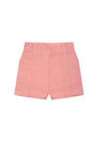 Pantaloni corti di lino rosa con una cintura elastica, due tasche laterali e una superficie liscia. Taglio dritto con un design informale.