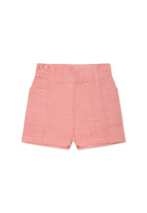 Shorts en lin roses avec une taille élastiquée, deux poches latérales et une texture lisse. Coupe droite avec un design décontracté.