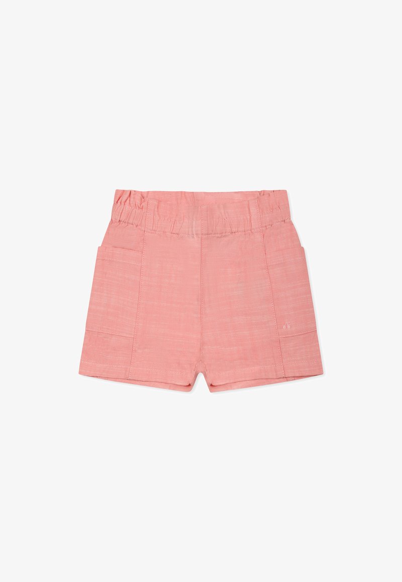 Pantaloni corti di lino rosa con una cintura elastica, due tasche laterali e una superficie liscia. Taglio dritto con un design informale.
