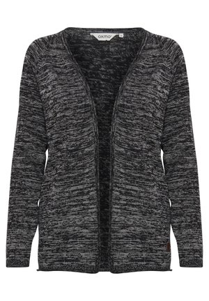 Gebreide cardigan in een zwart-grijze gemêleerde patroon. Open voorkant, lange mouwen en een label aan de onderlinkerkant. Zachte textuur, ontspannen pasvorm.