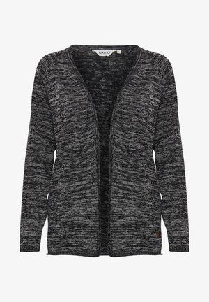 Pleteni kardigan v črno-sivi melirani vzorec. Odprt spredaj, dolgi rokavi in oznaka na spodnji levi strani. Mehka tekstura, sproščen kroj.
