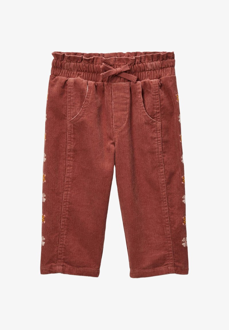Pantalon en velours côtelé couleur rouille pour enfants avec une taille élastique, un cordon de serrage, des poches avant et une broderie florale sur les coutures latérales.