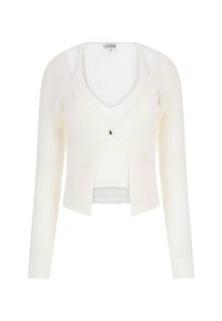 Cardigan alb cu dungi, cu mâneci lungi, de tip V la gât și un mic închizător cu buton în față. Textură moale, cu un design scurt și un aspect stratificat.