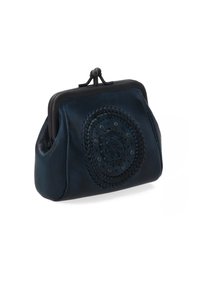 Navy blue leather clutch purse with a circular embossed design and black metal clasp. Textured surface with decorative stitching accents.