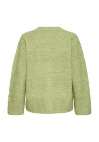 Hele rohelise tooniga pehme kudumiga kampsun, millel on lõdvestunud istuvus, soonikkoes ääris ja varrukasuu ning saumatult kujundatud seljaosa. Pehme tekstuur ja õrn melange-muster.