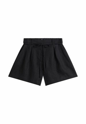 Sorte højtaljede shorts med vide ben, forplisseringer, stofbælte og bundet sløjfe i taljen.