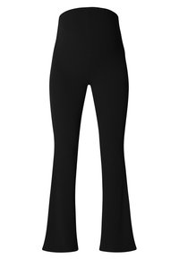 Pantalons évasés noirs à côtes avec une taille haute, présentant une texture lisse et une silhouette ajustée qui s'évasent au bas.