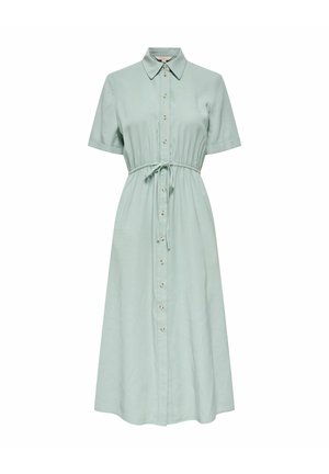 Robe midi verte claire à manches courtes avec col, patte de boutonnage sur le devant et taille à cordon.