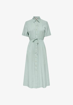 Robe midi verte claire à manches courtes avec col, patte de boutonnage sur le devant et taille à cordon.