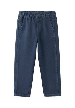 Dunkelblaue Kinderhose mit elastischem Bund, Knopfverschluss, Gürtelschlaufen und Seitentaschen.