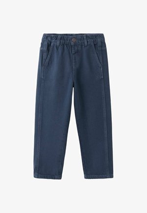 Otroške hlače mornarsko modre barve z elastičnim pasom, zapiranjem na gumb, zankami za pas in stranskimi žepi.