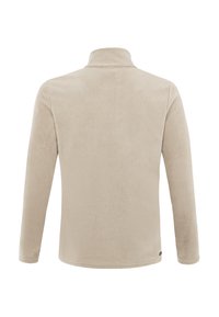 Beige fleece trøje med høj krave og lange ærmer. Blød tekstur, ingen synlige mønstre eller hardware. Enkel design.