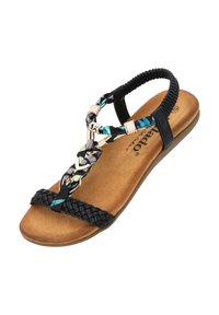 Zwarte sandaal met gevlochten band, voorzien van gepatterneerde, veelkleurige accenten en een gevoerd bruin voetbed. Flexibele rubberen buitenzool.