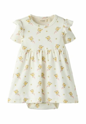 Rochiță pentru bebeluși de culoare crem, cu imprimeu floral galben, mâneci scurte cu volănașe și body atașat dedesubt.