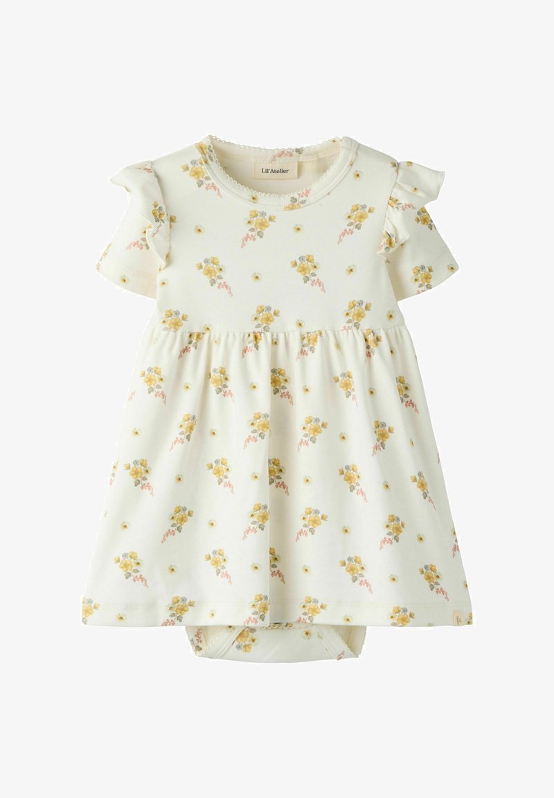 Robe bébé couleur crème avec imprimé floral jaune, manches courtes à volants et body intégré en dessous.