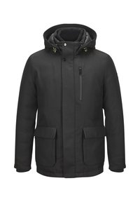 Schwarzer Wintermantel mit Kapuze, aus strukturiertem Stoff. Verfügt über eine mit Reißverschluss verschließbare Brusttasche und zwei große Fronttaschen.