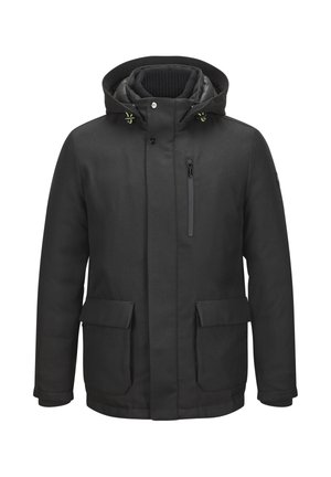 Schwarzer Wintermantel mit Kapuze, aus strukturiertem Stoff. Verfügt über eine mit Reißverschluss verschließbare Brusttasche und zwei große Fronttaschen.