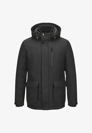 Schwarzer Wintermantel mit Kapuze, aus strukturiertem Stoff. Verfügt über eine mit Reißverschluss verschließbare Brusttasche und zwei große Fronttaschen.