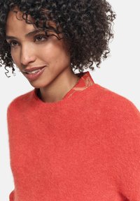 Maglione in lana corallo con scollatura tonda e bordatura a motivo sul colletto. La texture sembra morbida e leggermente pelosa.