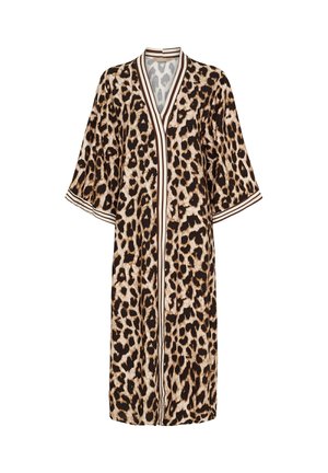 Læderprint kimono morgenkåbe i letvægtstof med brede ærmer og kontrasterende stribet kant langs den åbne front og kraven.
