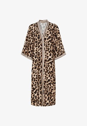 Læderprint kimono morgenkåbe i letvægtstof med brede ærmer og kontrasterende stribet kant langs den åbne front og kraven.