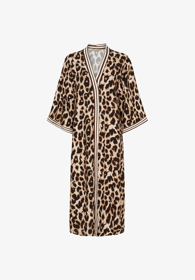 Leopardmönstrad kimono-robe i lättviktsmaterial med vida ärmar och kontrasterande randig trim längs den öppna framsidan och kragen.