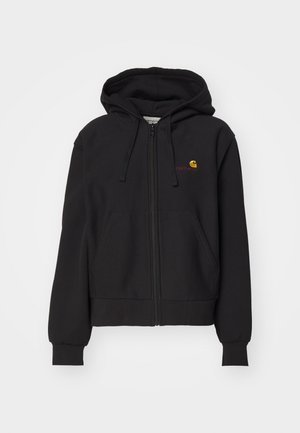 Sort zip-up hoodie lavet af en blanding af bomuld, med en kangaropocket, ribbet manchetter og et lille broderet logo på brystet.