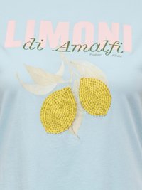 Μπλε ύφασμα με το κείμενο «LIMONI di Amalfi», που παρουσιάζει δύο κίτρια λεμόνια διακοσμημένα με μικρές χάντρες και επισυναπτόμενα φύλλα.