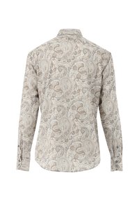 Long-sleeve shirt in light beige with a paisley pattern. Features a button-down collar and buttoned cuffs. Smooth texture. Back view displayed.