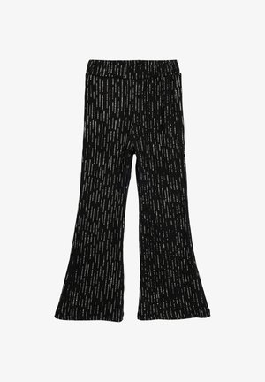 Pantalons évasés noirs avec un motif texturé de fines lignes blanches verticales, dotés d'une taille élastique pour plus de confort et de flexibilité.