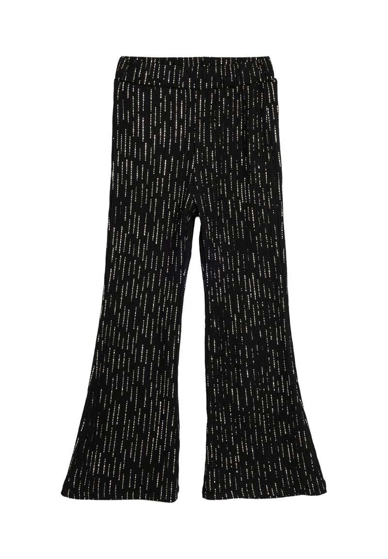 Pantalones acampanados negros con un patrón texturizado de finas líneas verticales blancas, que cuentan con una cintura elástica para mayor comodidad y flexibilidad.