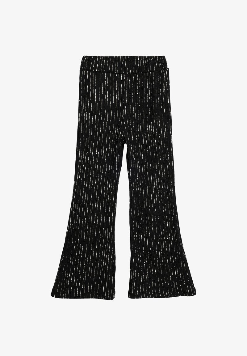Black flared pants with a textured pattern of thin vertical white lines, featuring an elastic waistband for comfort and flexibility.