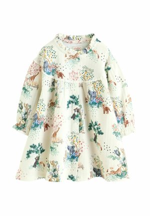 Long-sleeve children's dress featuring a cream fabric with a colorful animal and tree pattern. Ruffled collar and button front closure.