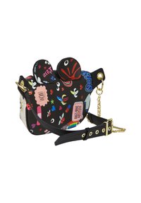 Borsa nera con design giocoso, caratterizzata da motivi colorati, grafiche e due orecchie tonde. Tracolla regolabile con un accento in catena dorata.