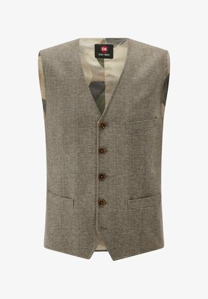 Gray houndstooth vest, sleeveless design, featuring five brown buttons, a left chest pocket, and a camouflage print lining.